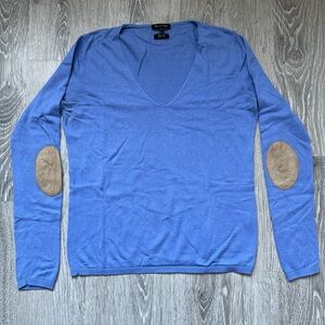 Massimo Dutti V-Neck Blue Sweater with Brown Elbow Patches, Size S